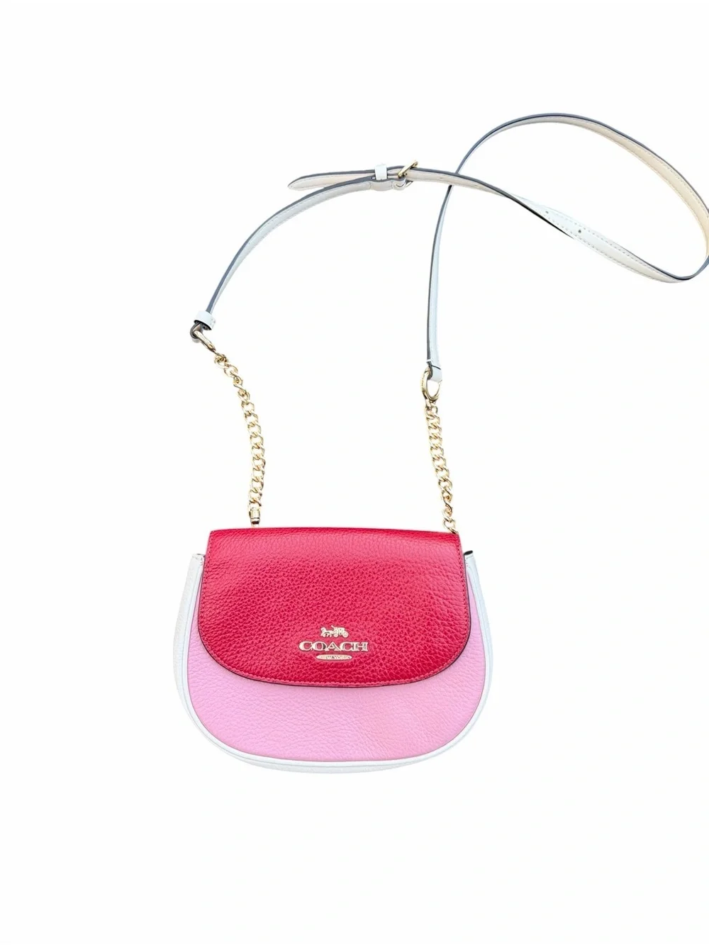 COACH Pebbled Leather Colorblock Crossbody Bag in Red/Pink/Cream